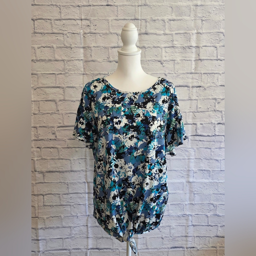 NY Collection Blue Ruched Tie Front Blouse